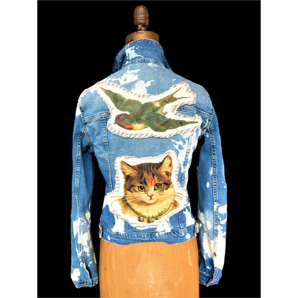 Upcycled Cat & Bird Jean‎ Jacket | Bleached Folk Art Denim | Size 6